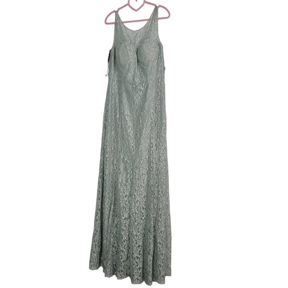 Jenny Yoo Bridesmaids Morning Mist Lace Maxi Dress Illusion Neckline Green Sz 12 - Picture 2 of 7